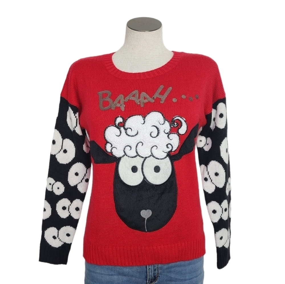Holiday Traditions BAAAHHUMBUG! Lamb Red Crew Neck Women's Sweater  Size S